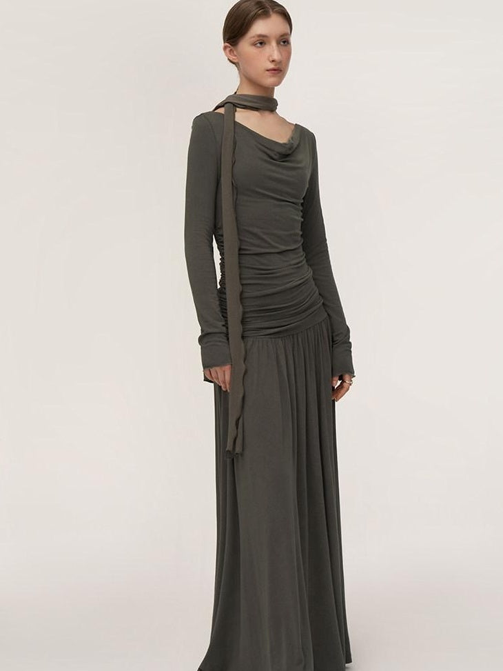someonesometimes Soft Knit Long Sleeve Cowl Neck Cream Tea Dress Office Workwear Maxi Dresses