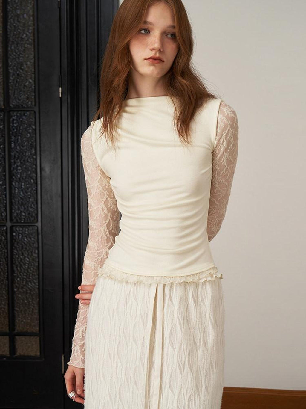 someonesometimes Soft Knit Office Mock Neck Long Sleeve Cream Solid Top & Skirt Sets