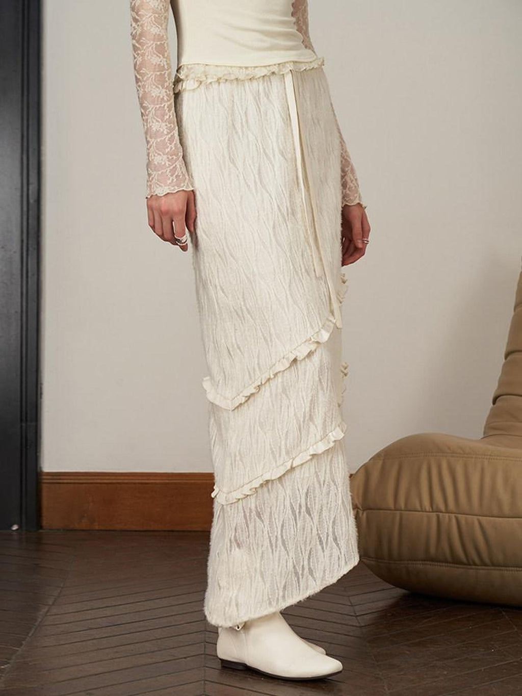 someonesometimes Soft Knit Office Mock Neck Long Sleeve Cream Solid Top & Skirt Sets