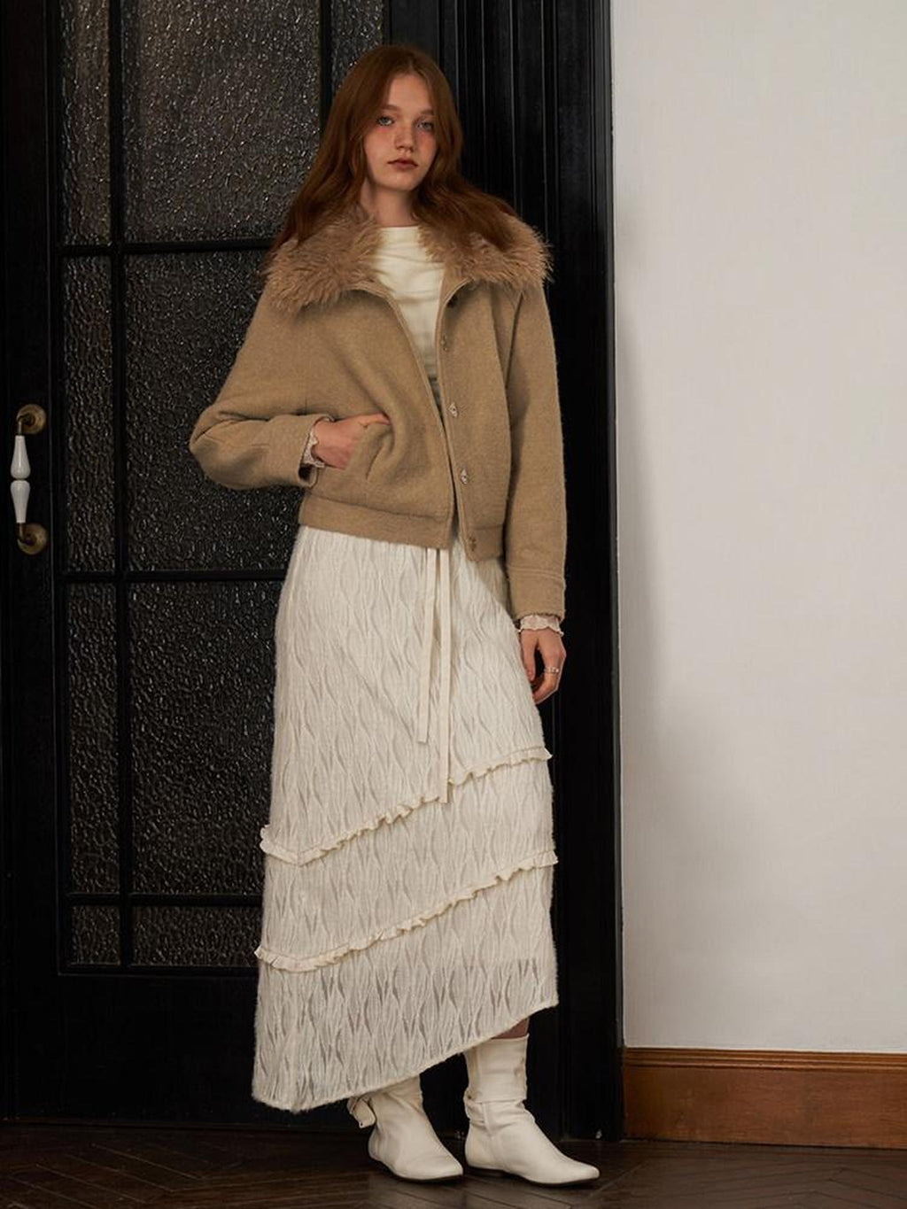 someonesometimes Soft Knit Office Mock Neck Long Sleeve Cream Solid Top & Skirt Sets