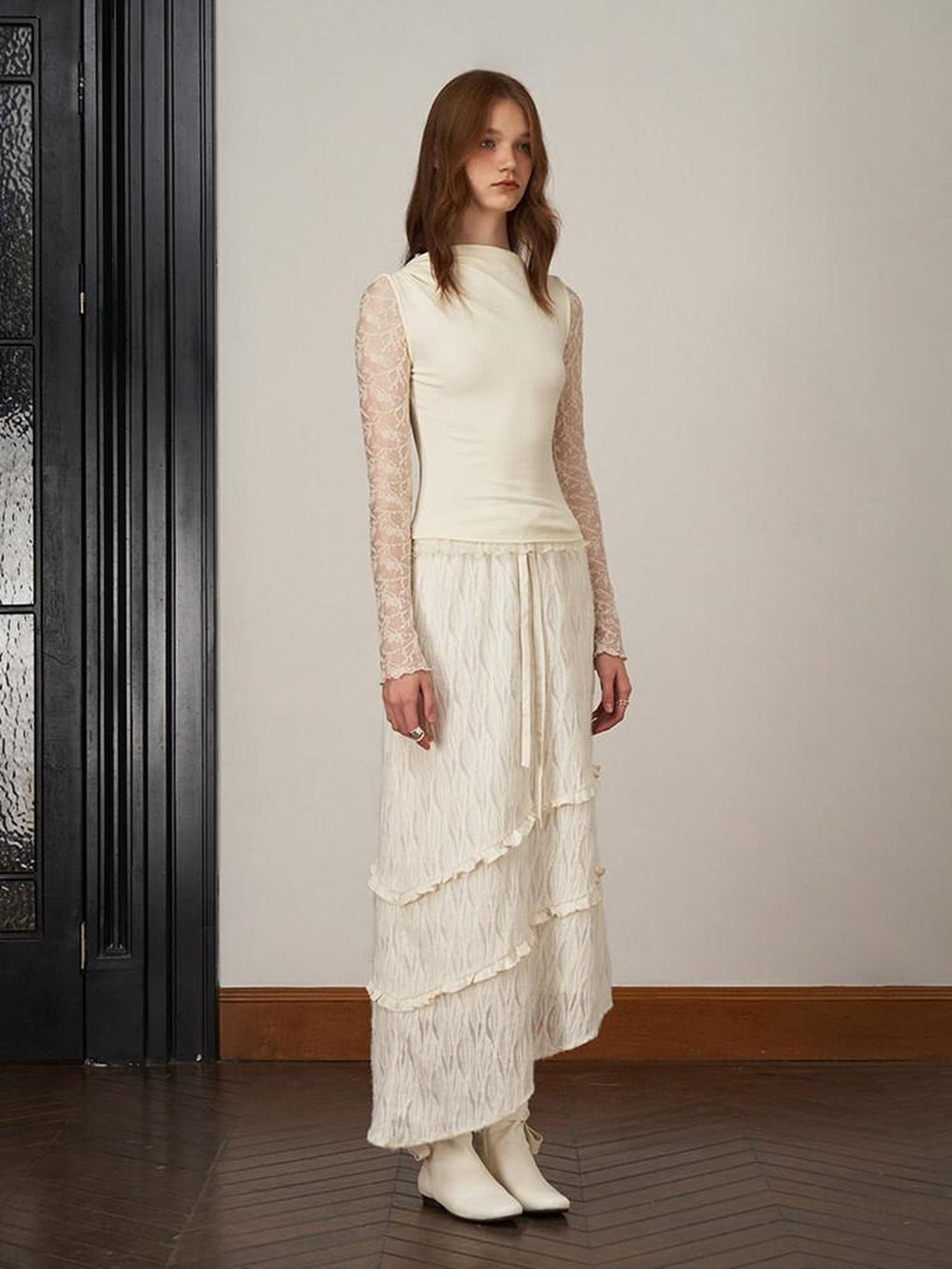 someonesometimes Soft Knit Office Mock Neck Long Sleeve Cream Solid Top & Skirt Sets