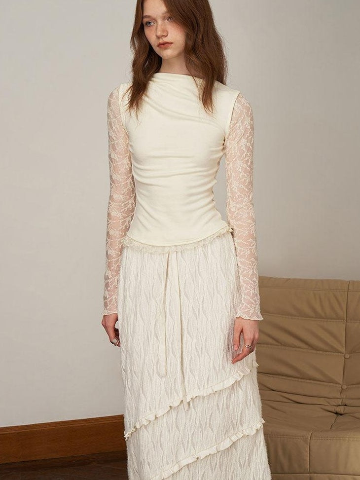someonesometimes Soft Knit Office Mock Neck Long Sleeve Cream Solid Top & Skirt Sets
