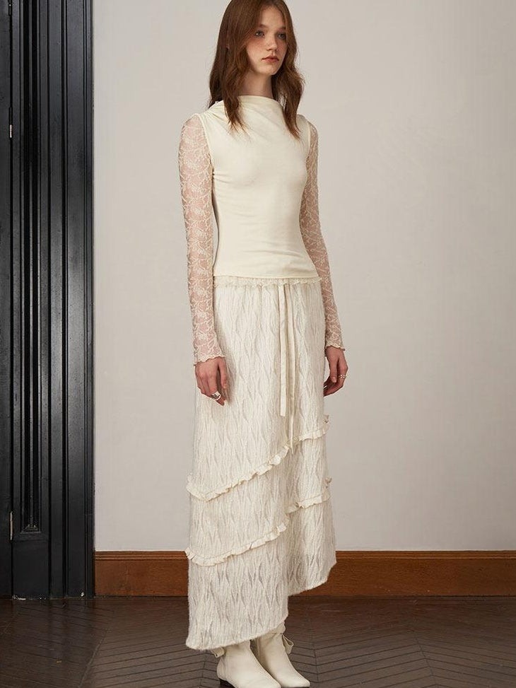 someonesometimes Soft Knit Office Mock Neck Long Sleeve Cream Solid Top & Skirt Sets