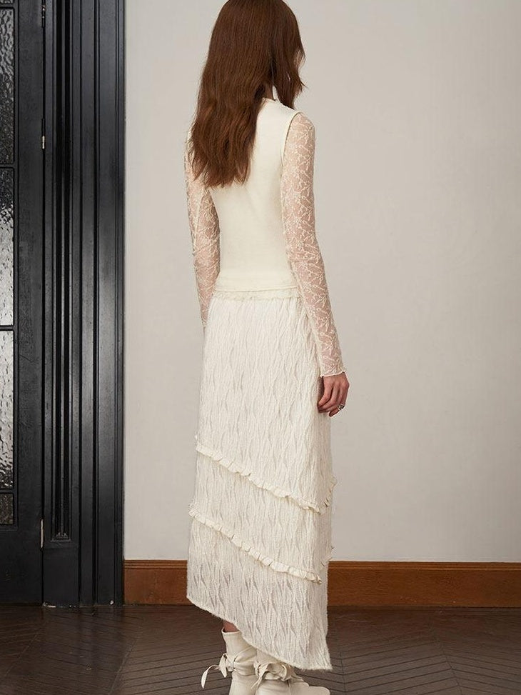 someonesometimes Soft Knit Office Mock Neck Long Sleeve Cream Solid Top & Skirt Sets