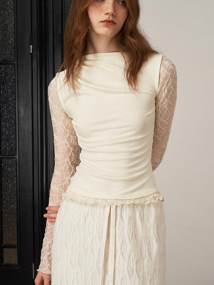 someonesometimes Soft Knit Office Mock Neck Long Sleeve Cream Solid Top & Skirt Sets