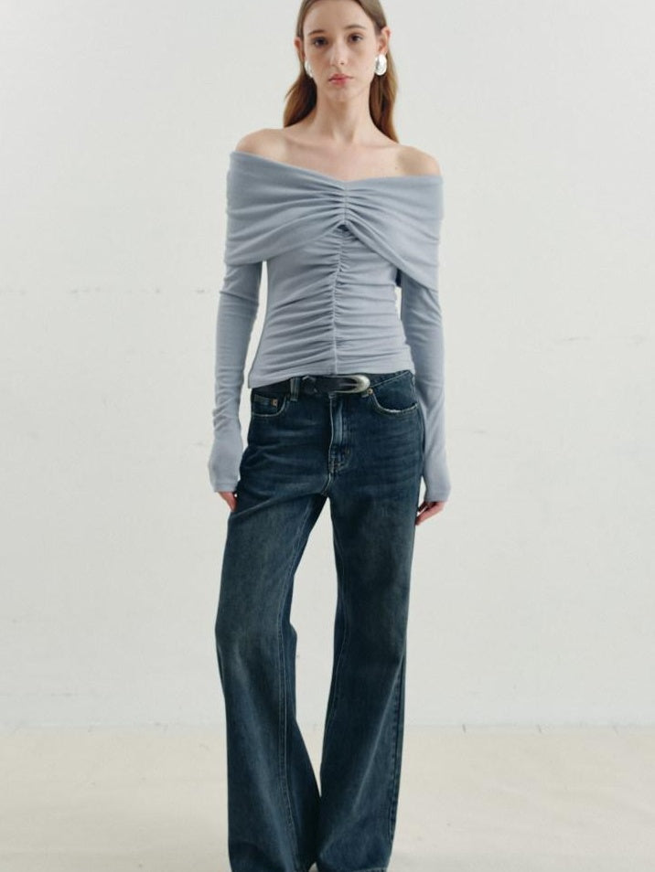 someonesometimes Soft Mist Blue Viscose Blend Slim Fit Round Neck Women Long Sleeve T-Shirts