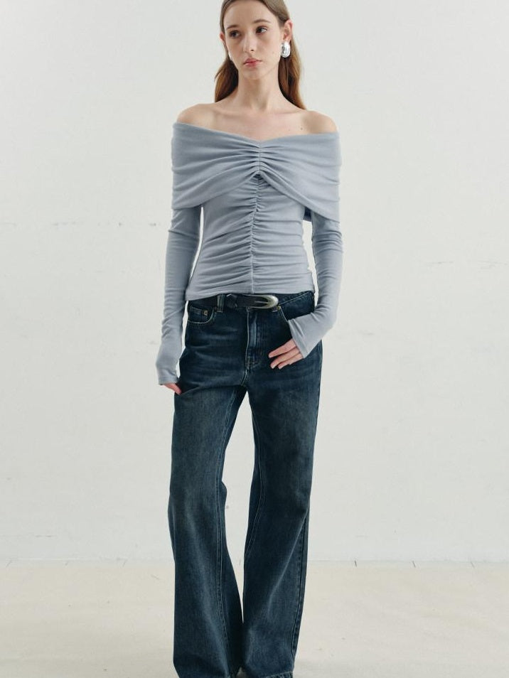 someonesometimes Soft Mist Blue Viscose Blend Slim Fit Round Neck Women Long Sleeve T-Shirts