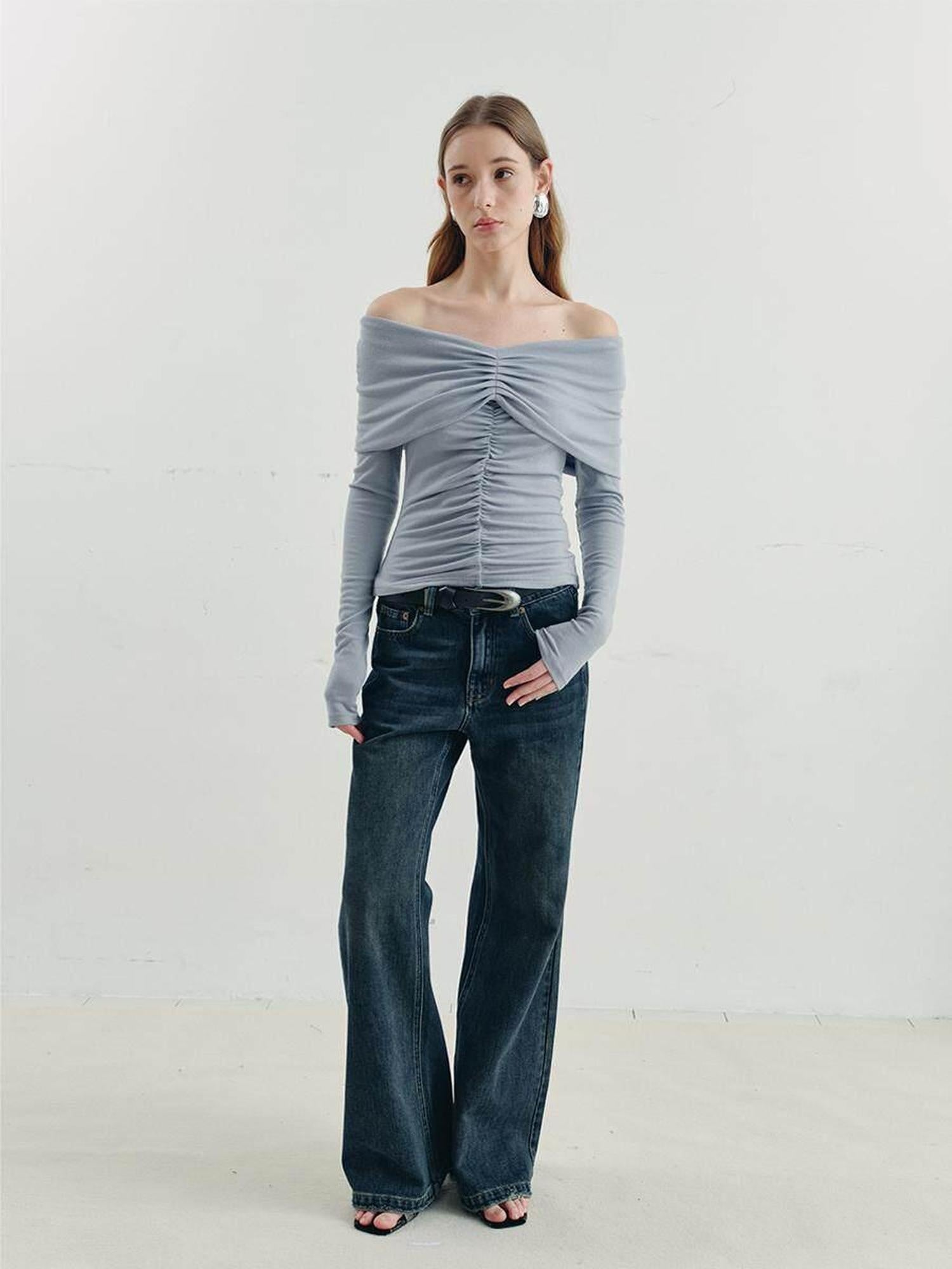 someonesometimes Soft Mist Blue Viscose Blend Slim Fit Round Neck Women Long Sleeve T-Shirts