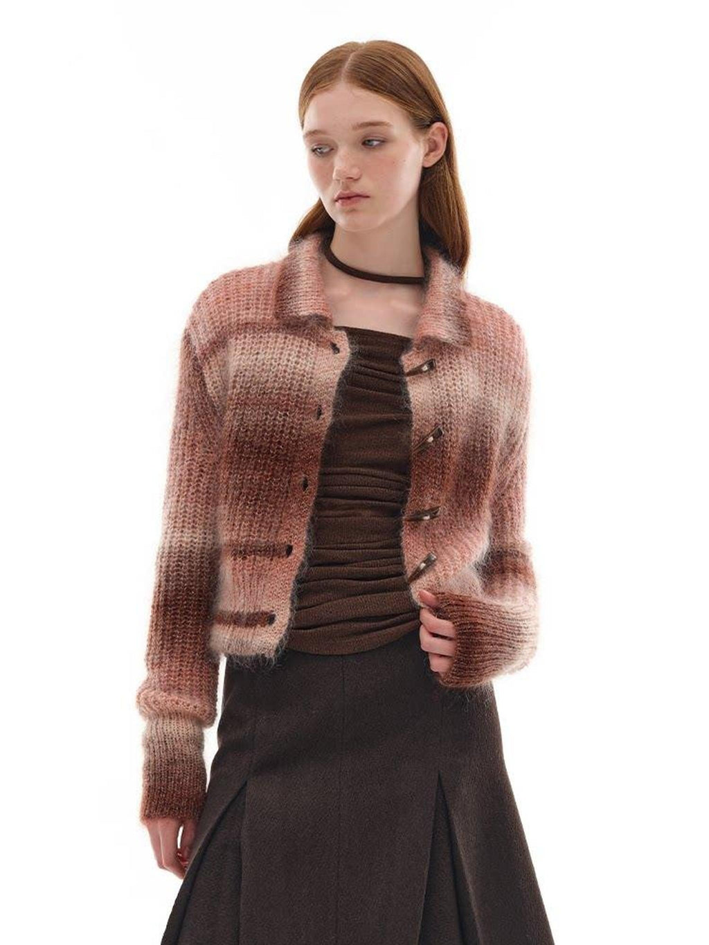 someonesometimes Soft Mohair Blend Lapel Collar Button Front Women Pink Brown Gradient Cardigans