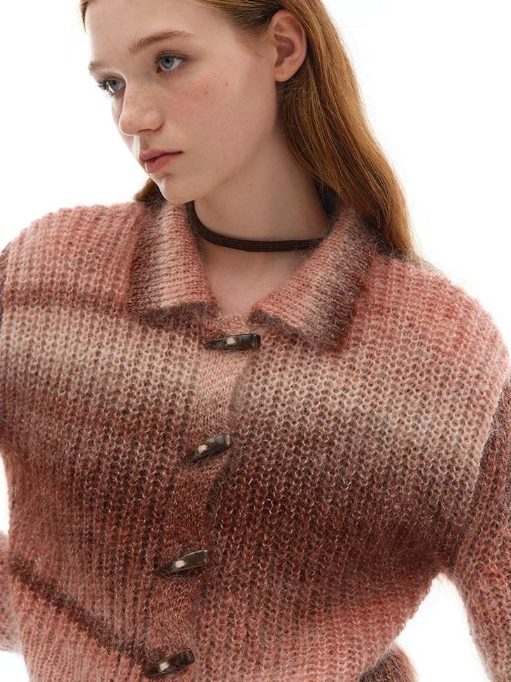 someonesometimes Soft Mohair Blend Lapel Collar Button Front Women Pink Brown Gradient Cardigans