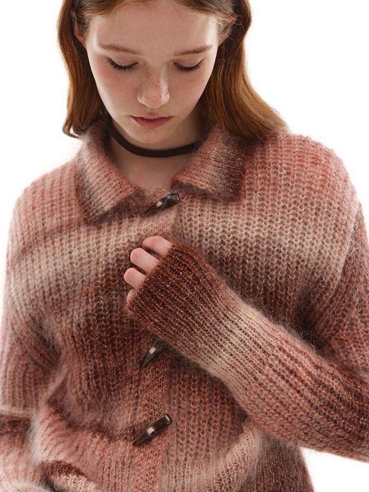 someonesometimes Soft Mohair Blend Lapel Collar Button Front Women Pink Brown Gradient Cardigans