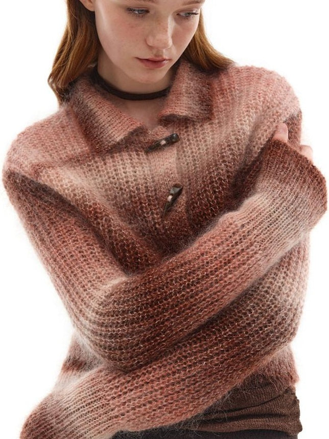 someonesometimes Soft Mohair Blend Lapel Collar Button Front Women Pink Brown Gradient Cardigans