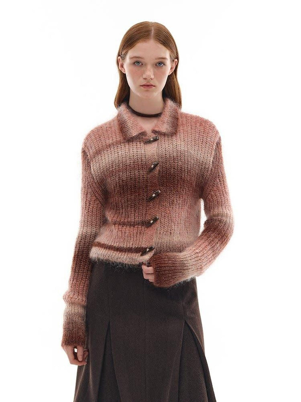 someonesometimes Soft Mohair Blend Lapel Collar Button Front Women Pink Brown Gradient Cardigans