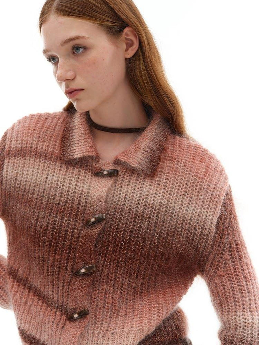 someonesometimes Soft Mohair Blend Lapel Collar Button Front Women Pink Brown Gradient Cardigans