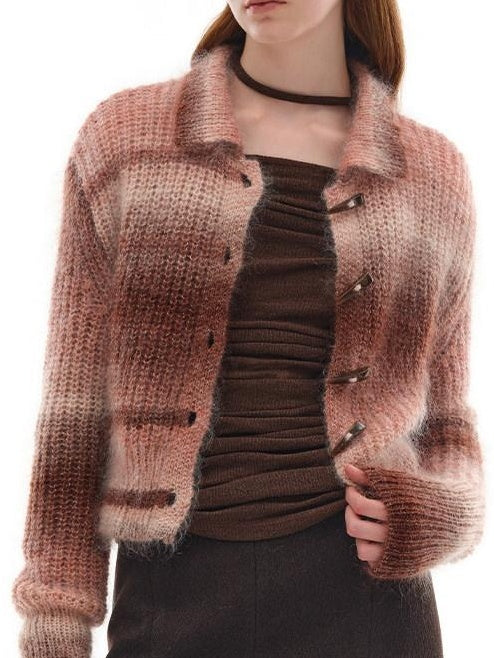 someonesometimes Soft Mohair Blend Lapel Collar Button Front Women Pink Brown Gradient Cardigans