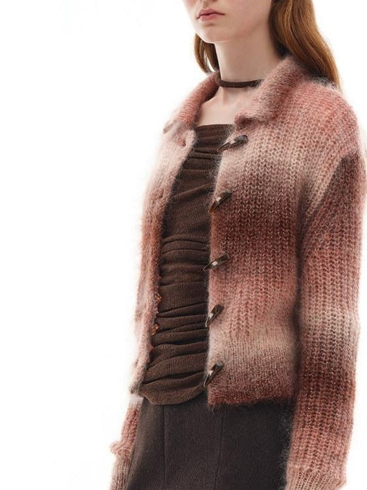 someonesometimes Soft Mohair Blend Lapel Collar Button Front Women Pink Brown Gradient Cardigans