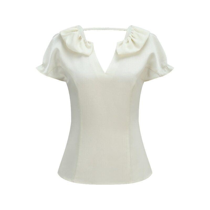 someonesometimes_Soft_Polyester_Blend_Casual_Slim_V-neck_Ruffle_Sleeve_Women_Short_Sleeve_T-Shirts_MISSTT