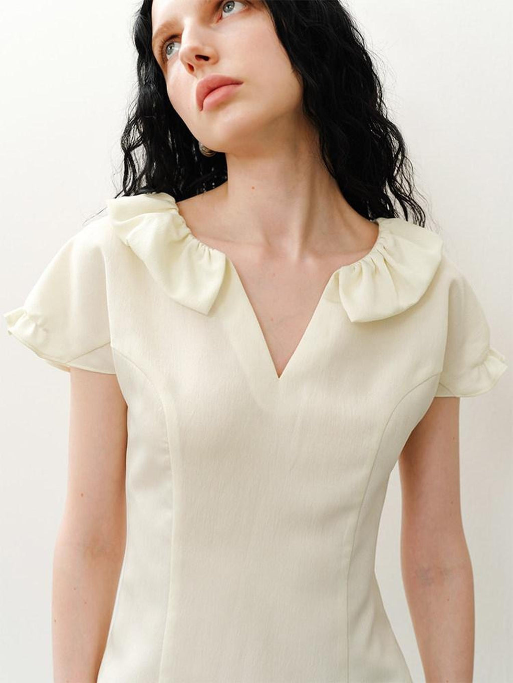 someonesometimes Soft Polyester Blend Casual Slim V-neck Ruffle Sleeve Women Short Sleeve T-Shirts