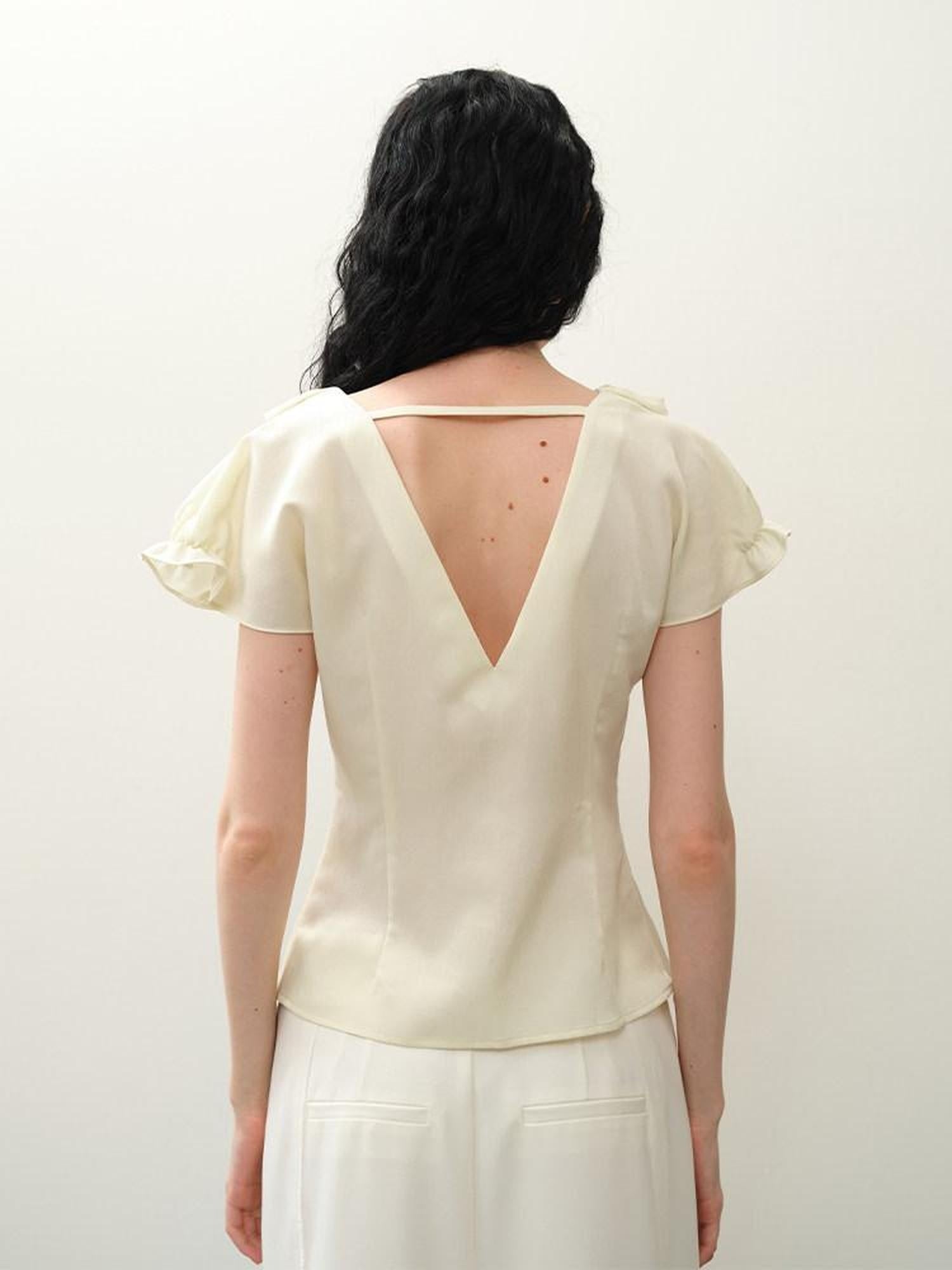 someonesometimes Soft Polyester Blend Casual Slim V-neck Ruffle Sleeve Women Short Sleeve T-Shirts