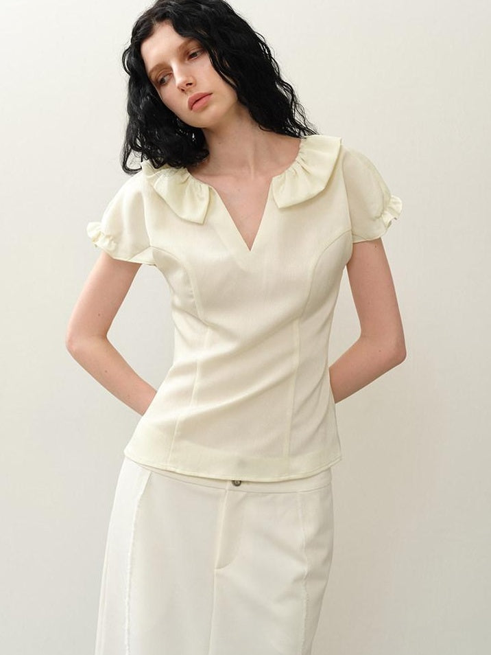 someonesometimes Soft Polyester Blend Casual Slim V-neck Ruffle Sleeve Women Short Sleeve T-Shirts
