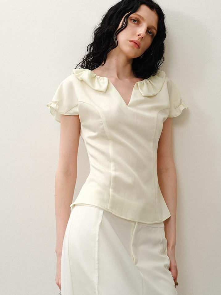 someonesometimes Soft Polyester Blend Casual Slim V-neck Ruffle Sleeve Women Short Sleeve T-Shirts