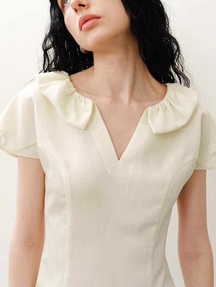 someonesometimes Soft Polyester Blend Casual Slim V-neck Ruffle Sleeve Women Short Sleeve T-Shirts