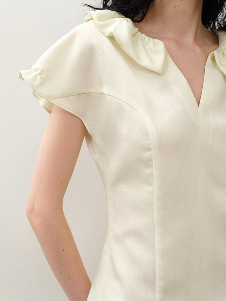 someonesometimes Soft Polyester Blend Casual Slim V-neck Ruffle Sleeve Women Short Sleeve T-Shirts
