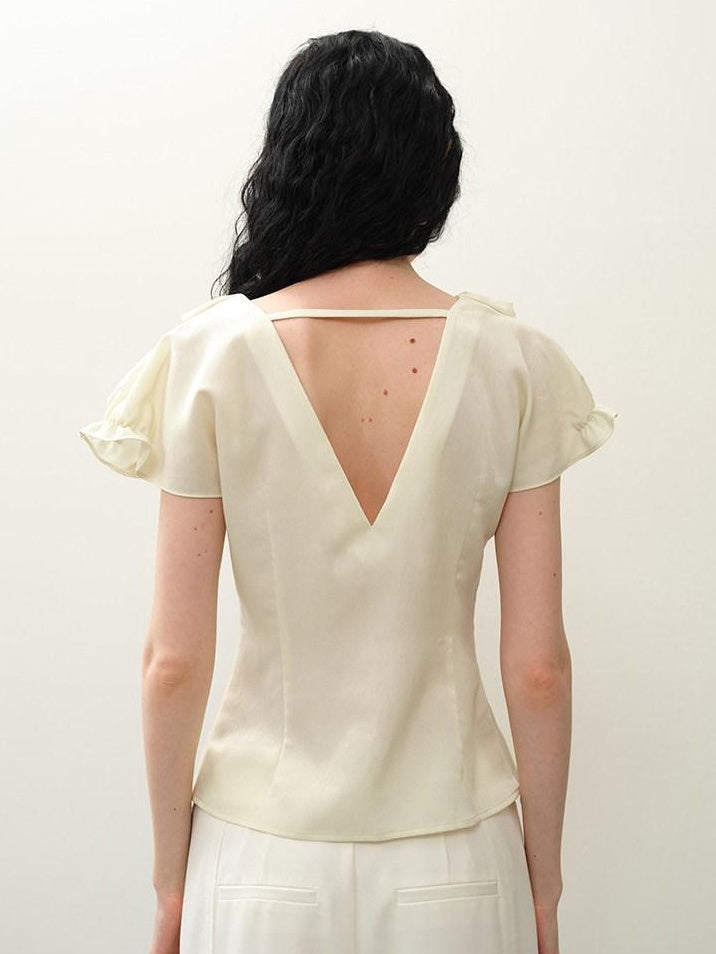 someonesometimes Soft Polyester Blend Casual Slim V-neck Ruffle Sleeve Women Short Sleeve T-Shirts