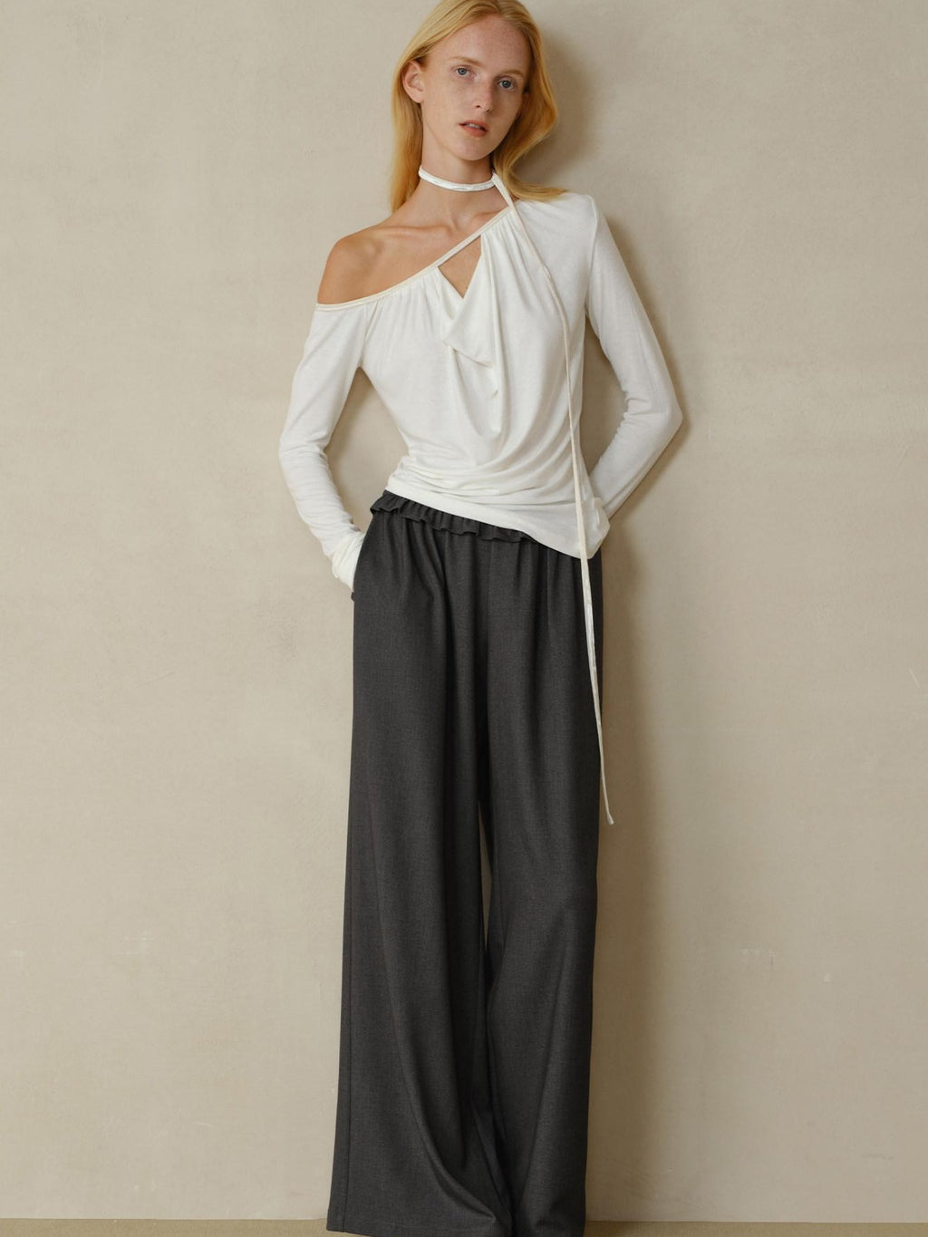 someonesometimes Soft Stretch Casual Ruffle Hem Women Heather Grey Viscose Blend Wide Leg Pants