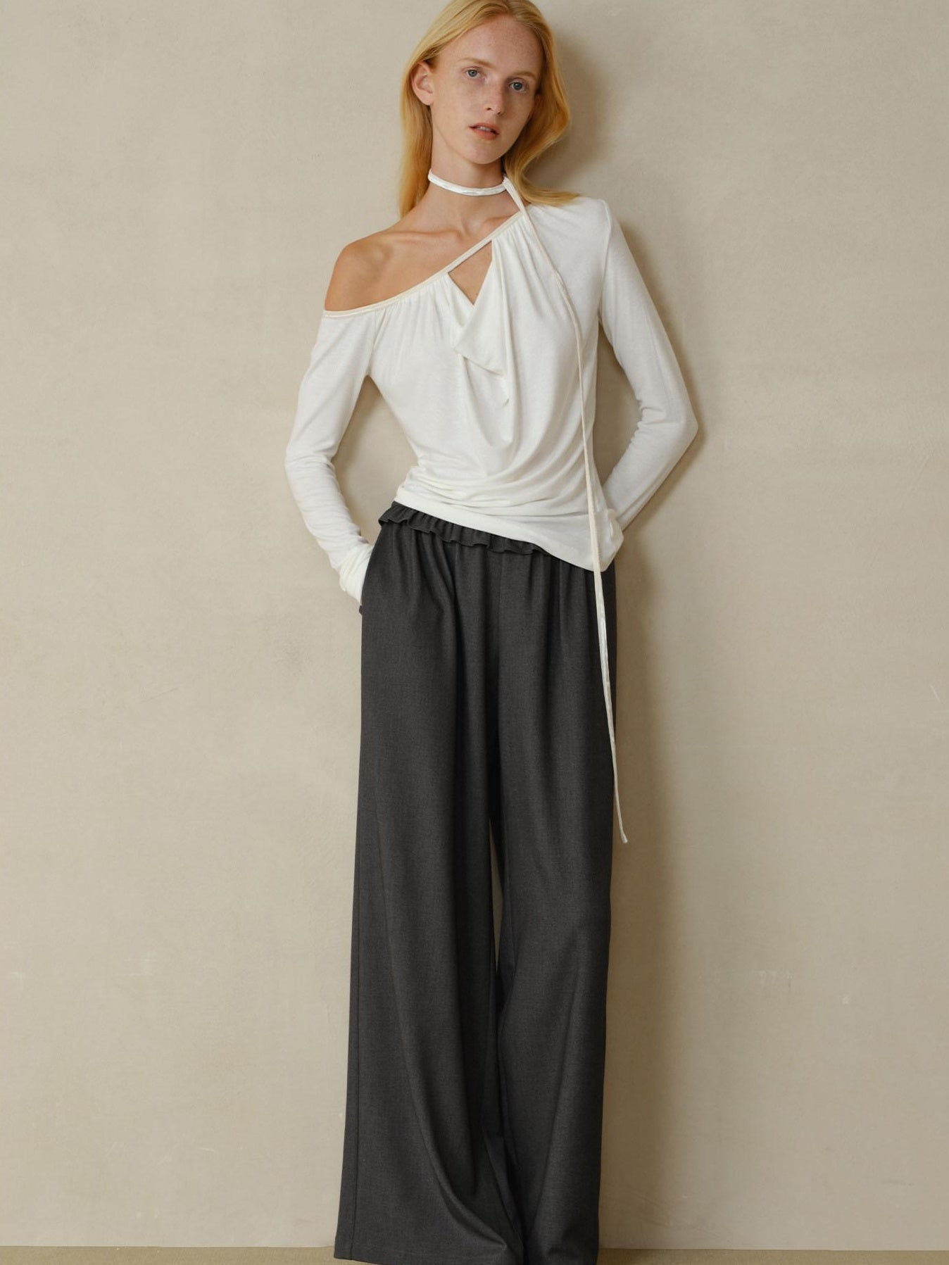 someonesometimes Soft Stretch Casual Ruffle Hem Women Heather Grey Viscose Blend Wide Leg Pants