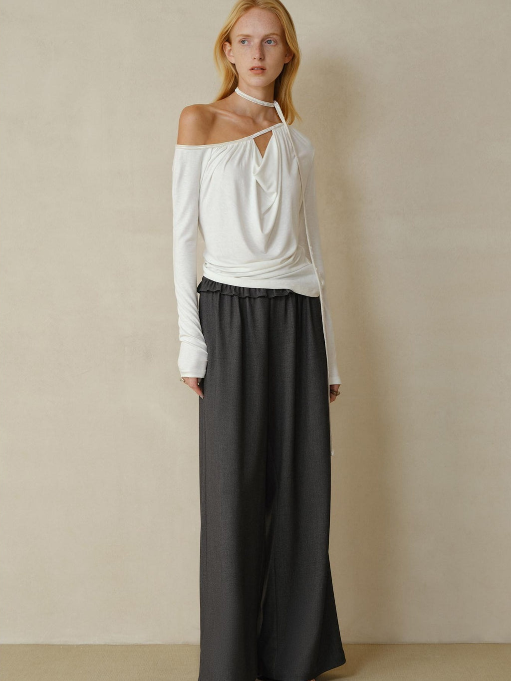 someonesometimes Soft Stretch Casual Ruffle Hem Women Heather Grey Viscose Blend Wide Leg Pants
