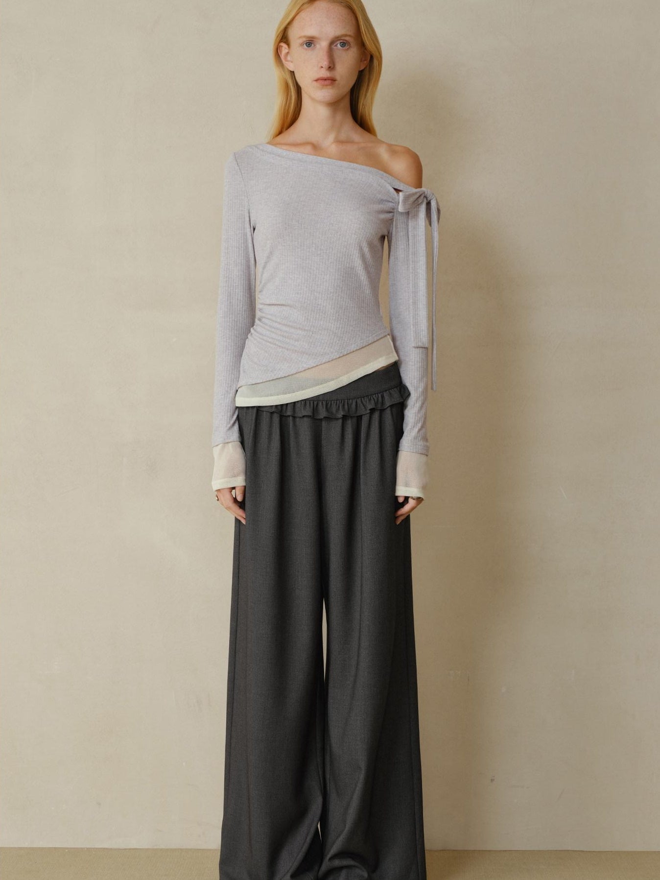 someonesometimes Soft Stretch Casual Ruffle Hem Women Heather Grey Viscose Blend Wide Leg Pants