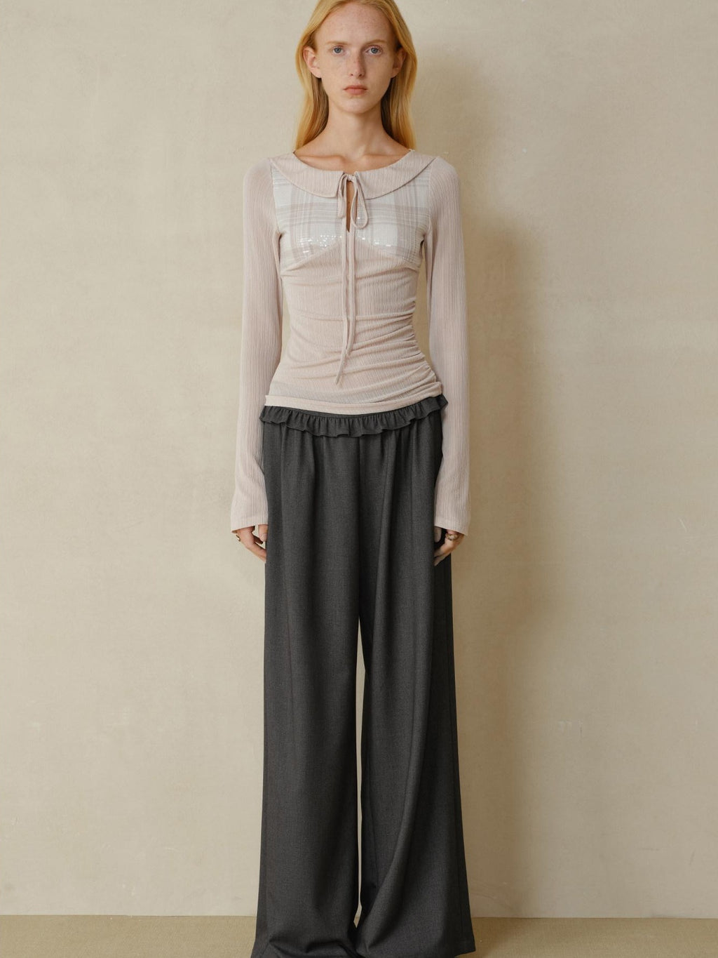 someonesometimes Soft Stretch Casual Ruffle Hem Women Heather Grey Viscose Blend Wide Leg Pants