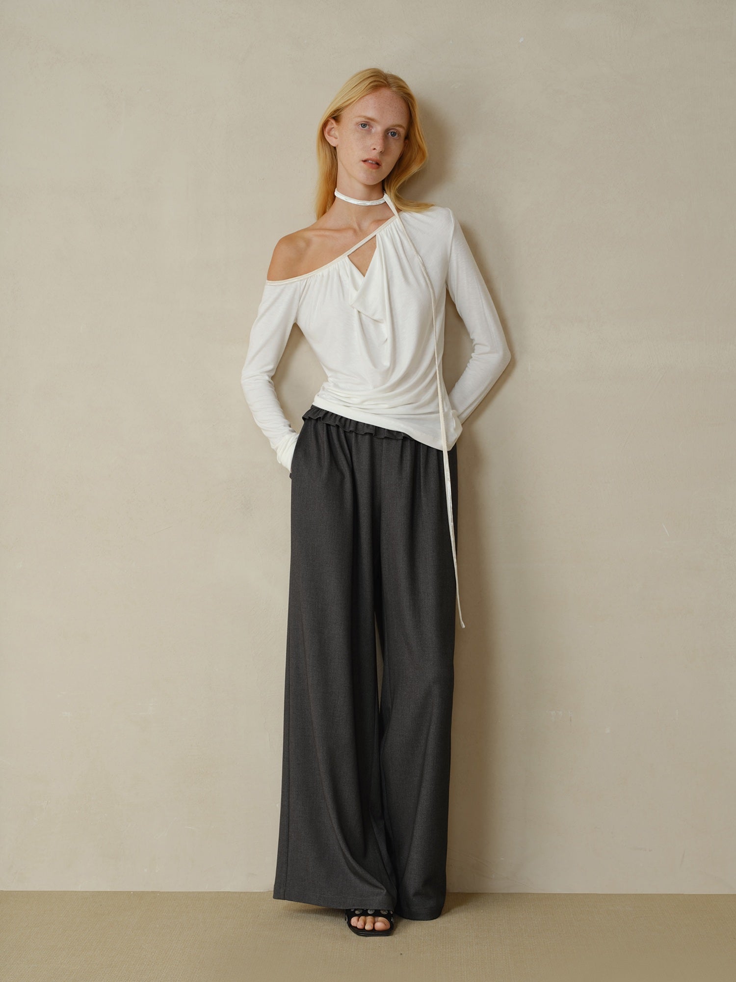 someonesometimes Soft Stretch Casual Ruffle Hem Women Heather Grey Viscose Blend Wide Leg Pants