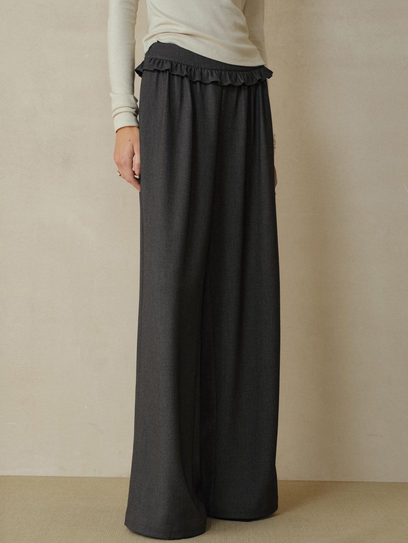 someonesometimes Soft Stretch Casual Ruffle Hem Women Heather Grey Viscose Blend Wide Leg Pants