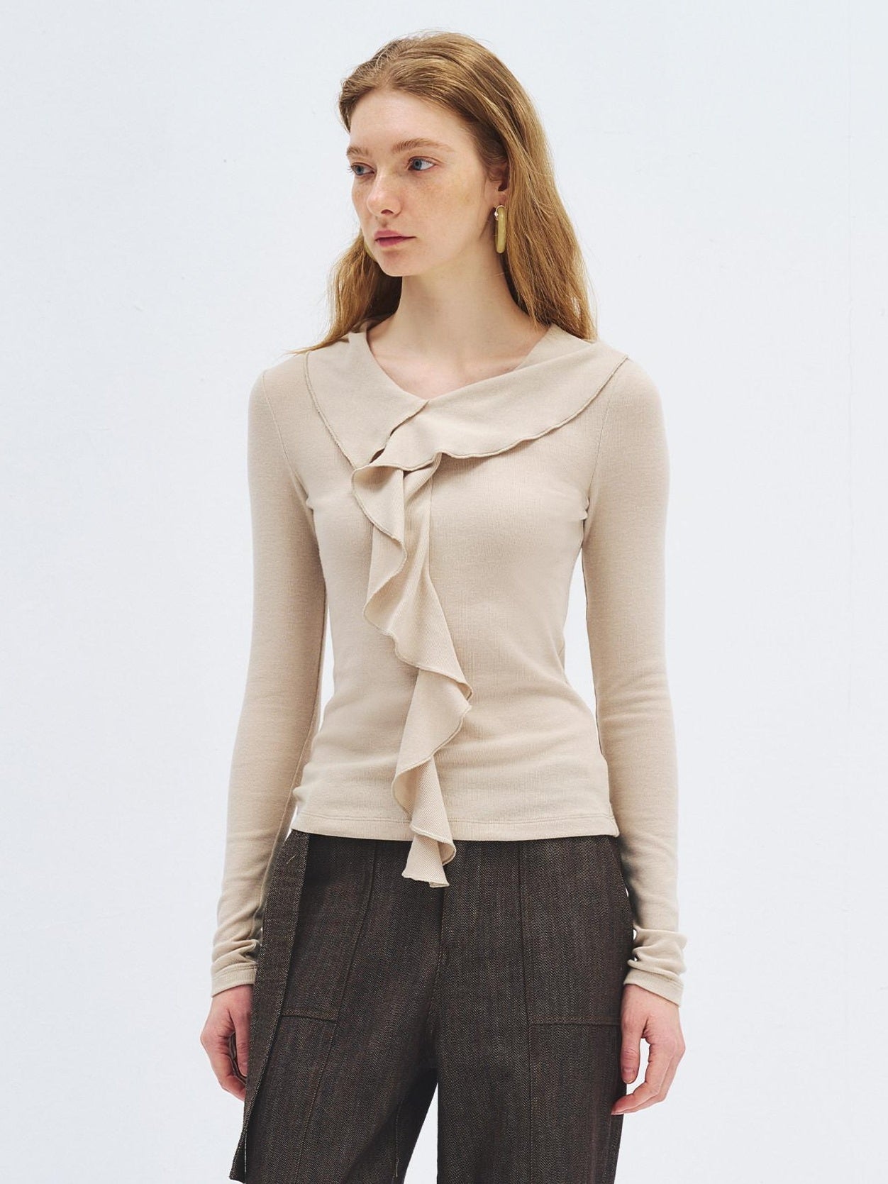 someonesometimes Soft Stretch Knit Slim Fit Casual V-neck Women Sand Long Sleeve T-Shirts