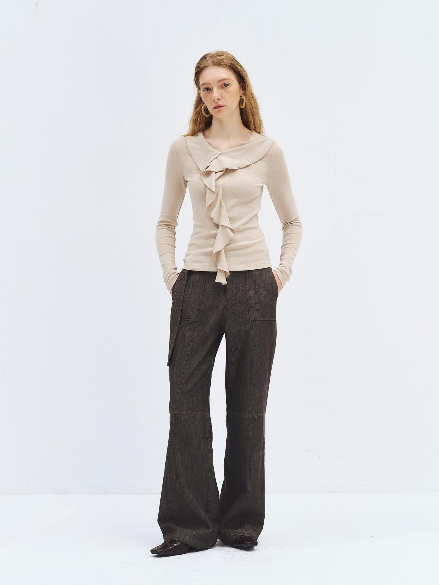 someonesometimes Soft Stretch Knit Slim Fit Casual V-neck Women Sand Long Sleeve T-Shirts