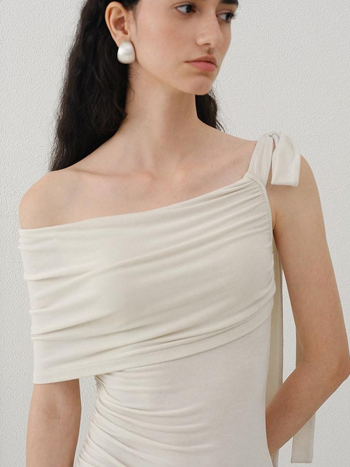 someonesometimes Soft Stretch Knit Slim Fit Off Shoulder Almond Grey Women Short Sleeve T-Shirts