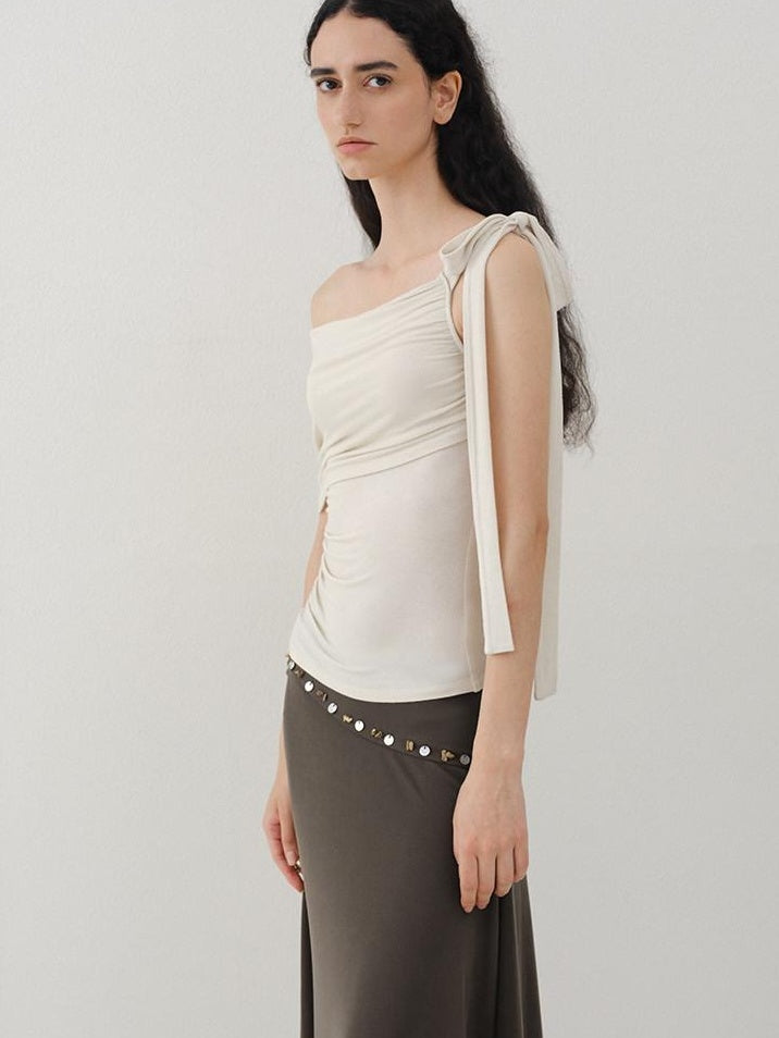 someonesometimes Soft Stretch Knit Slim Fit Off Shoulder Almond Grey Women Short Sleeve T-Shirts