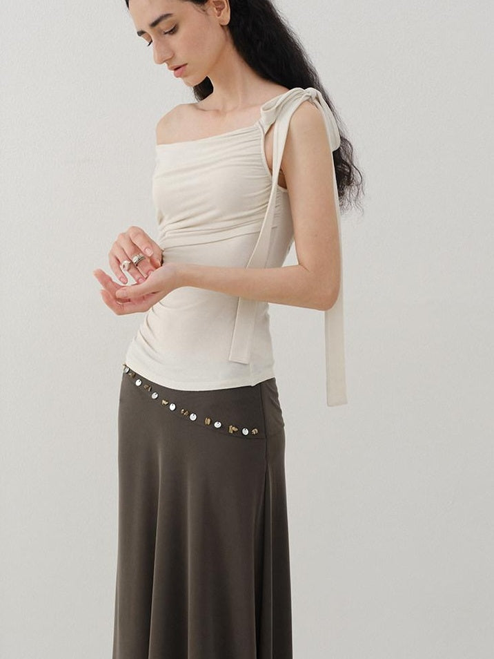 someonesometimes Soft Stretch Knit Slim Fit Off Shoulder Almond Grey Women Short Sleeve T-Shirts