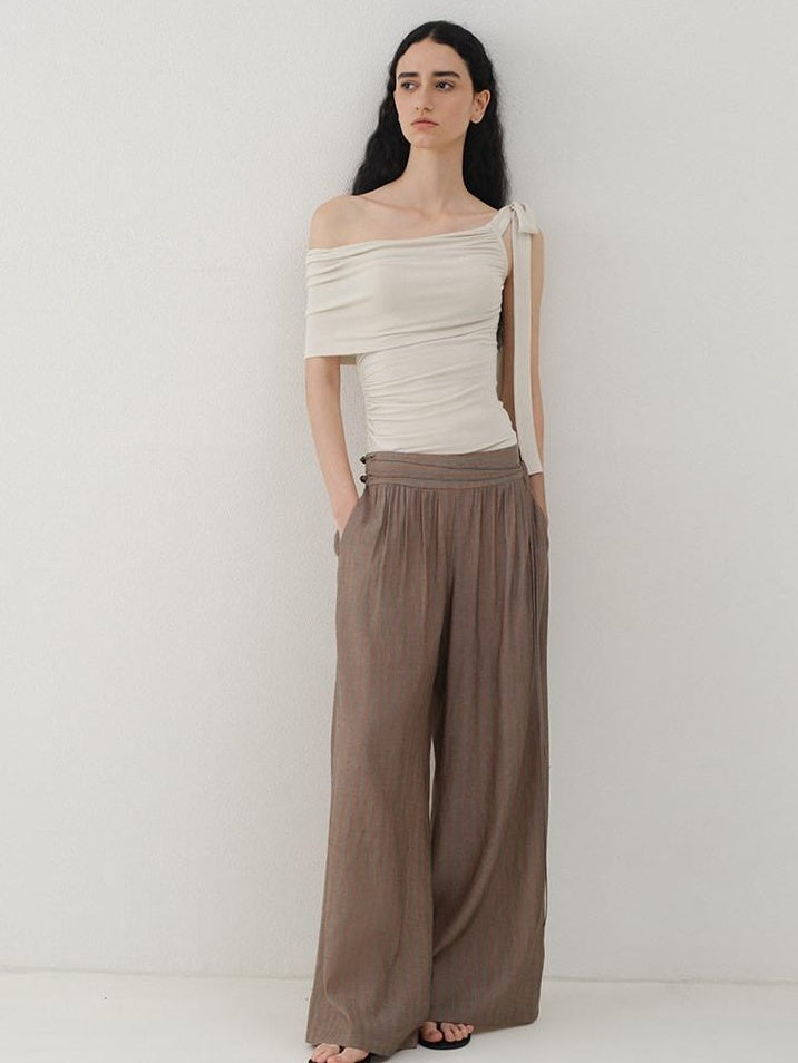 someonesometimes Soft Stretch Knit Slim Fit Off Shoulder Almond Grey Women Short Sleeve T-Shirts