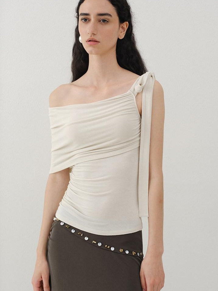 someonesometimes Soft Stretch Knit Slim Fit Off Shoulder Almond Grey Women Short Sleeve T-Shirts