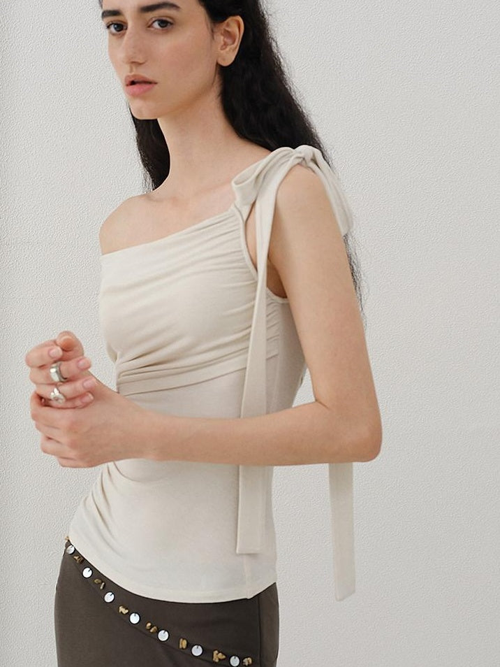 someonesometimes Soft Stretch Knit Slim Fit Off Shoulder Almond Grey Women Short Sleeve T-Shirts