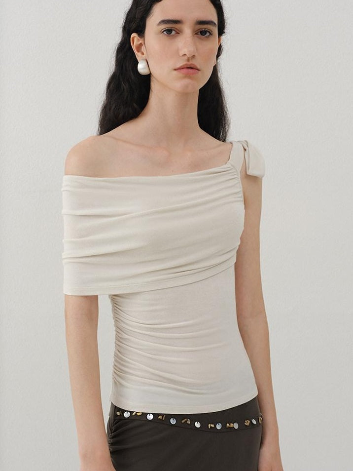 someonesometimes Soft Stretch Knit Slim Fit Off Shoulder Almond Grey Women Short Sleeve T-Shirts