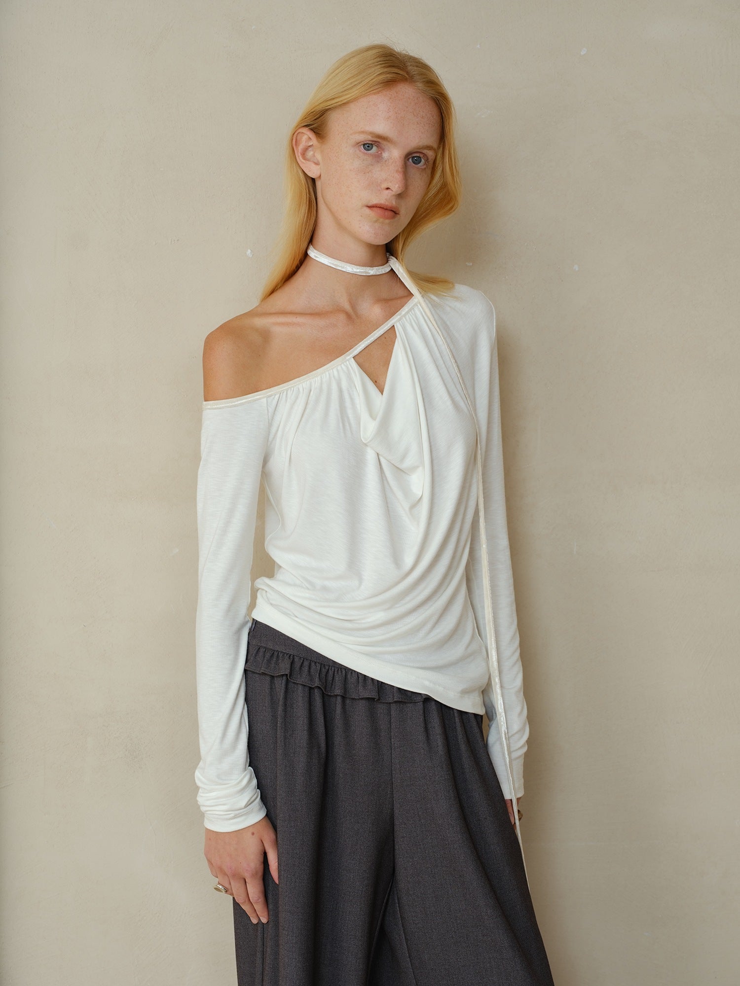 someonesometimes Soft Velvet Lyocell Slim Casual Asymmetrical Shoulder Women Long Sleeve T-Shirts