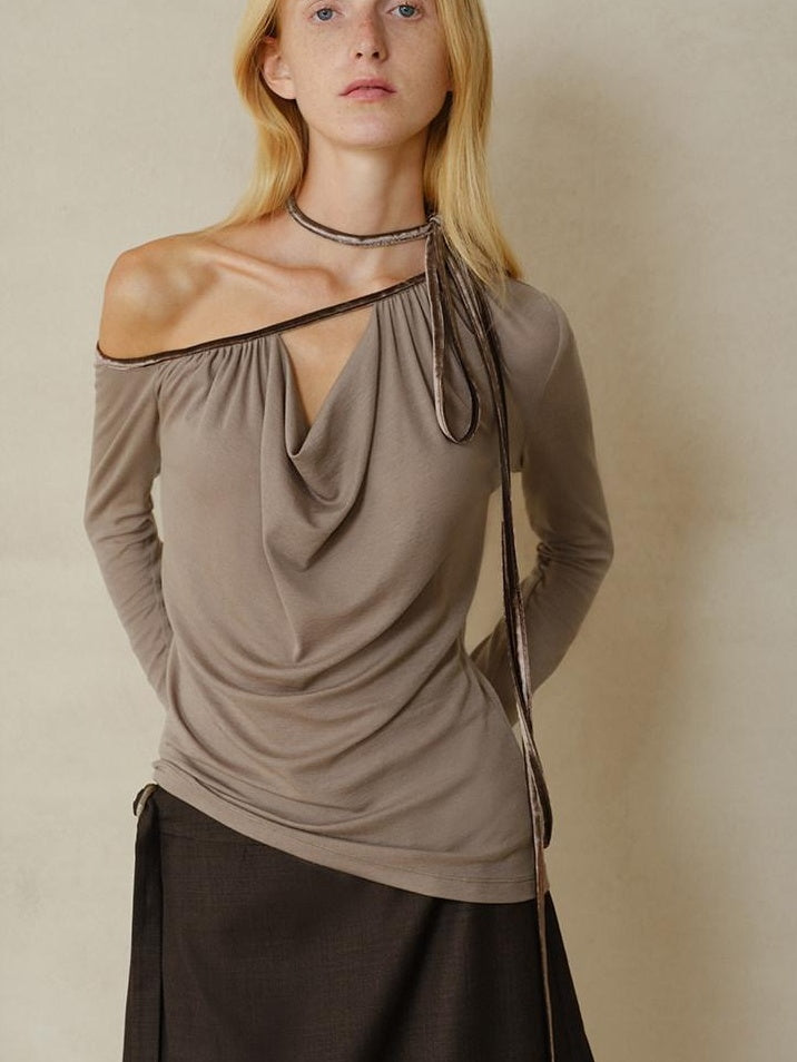 someonesometimes Soft Velvet Lyocell Slim Casual Asymmetrical Shoulder Women Long Sleeve T-Shirts