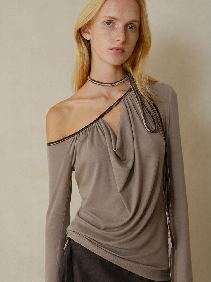 someonesometimes Soft Velvet Lyocell Slim Casual Asymmetrical Shoulder Women Long Sleeve T-Shirts