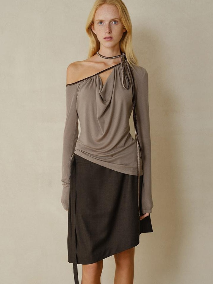 someonesometimes Soft Velvet Lyocell Slim Casual Asymmetrical Shoulder Women Long Sleeve T-Shirts
