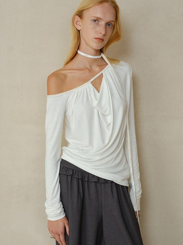 someonesometimes Soft Velvet Lyocell Slim Casual Asymmetrical Shoulder Women Long Sleeve T-Shirts