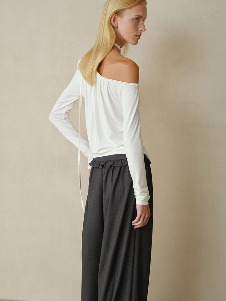 someonesometimes Soft Velvet Lyocell Slim Casual Asymmetrical Shoulder Women Long Sleeve T-Shirts